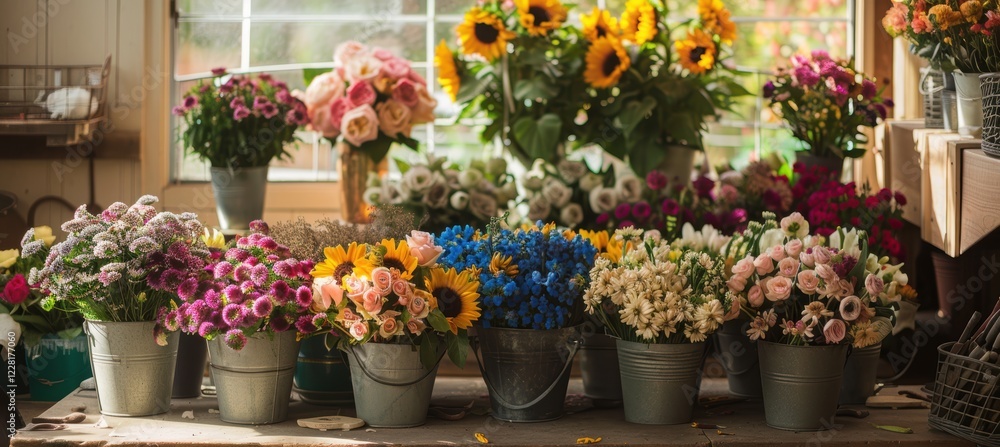 Vibrant Floral Display in a Sunlit Florist's Studio for Spring Decor Inspiration Vibrant Floral Display in a Sunlit Florist's Studio for Spring Decor Inspiration