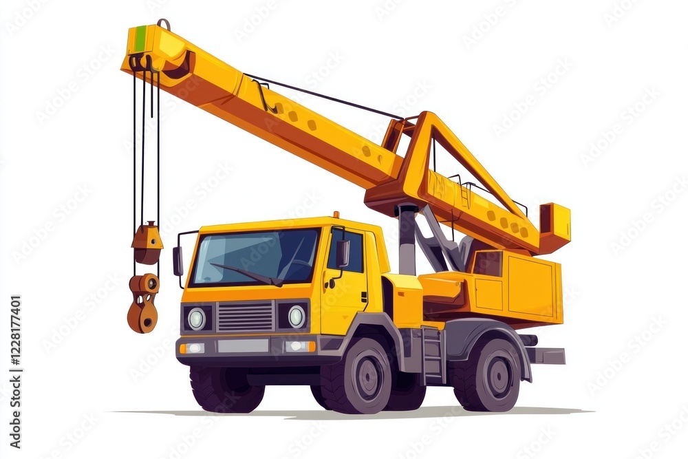 Naklejka premium Crane Truck Cartoon style isolated on white background. Heavy Machinery. Construction Vehicle. Mobile Crane. Truck with Crane Arm. Crane Truck Design Element. Realistic Crane Truck isolated for Design