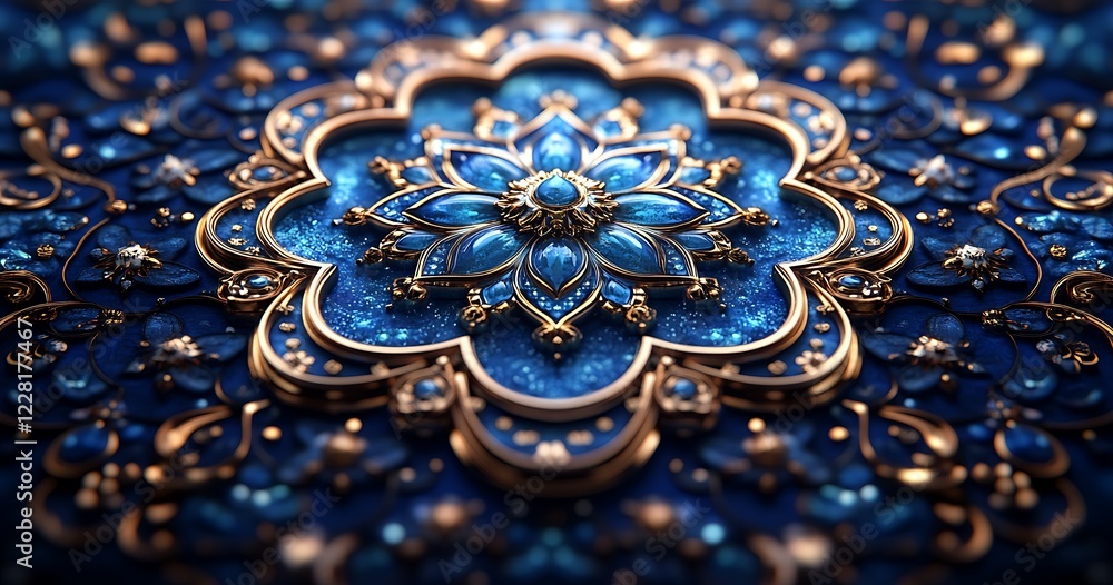 Obraz premium Intricate Blue and Gold Mandala Design with Deep Focus and Blurred Background