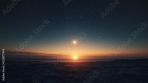A simple, minimalistic concept of space with a single glowing star and a dark sky stretching infinitely in the background, highlighting the sense of isolation and vastness.