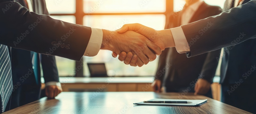 Futuristic Business Agreement: Professionals Shaking Hands with Holographic Contract in Modern Office Futuristic Business Agreement: Professionals Shaking Hands with Holographic Contract in Modern Office