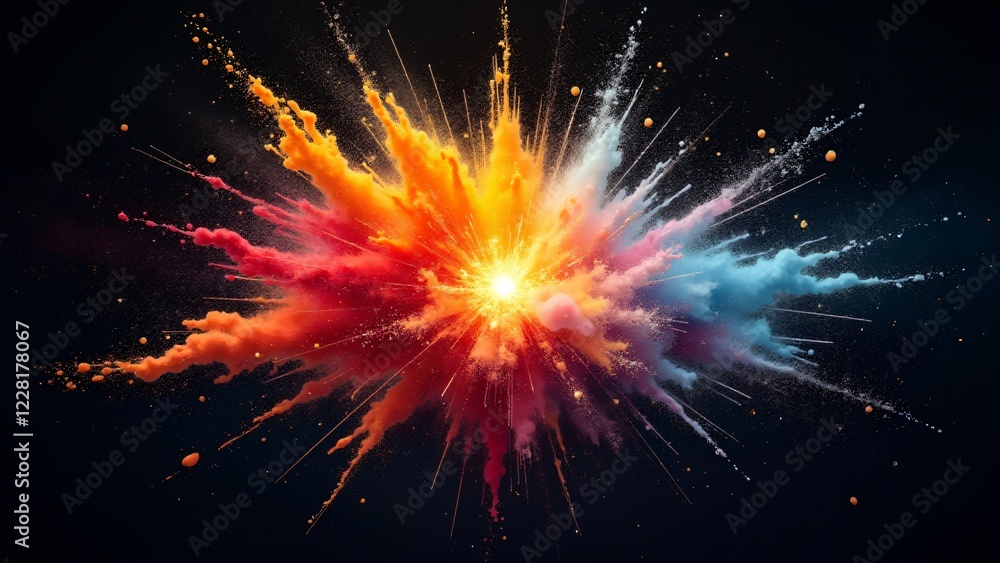 Fototapeta premium A powerful explosion of vibrant colors radiates outward, mimicking an energy eruption with chaotic splashes and beams of light and color.