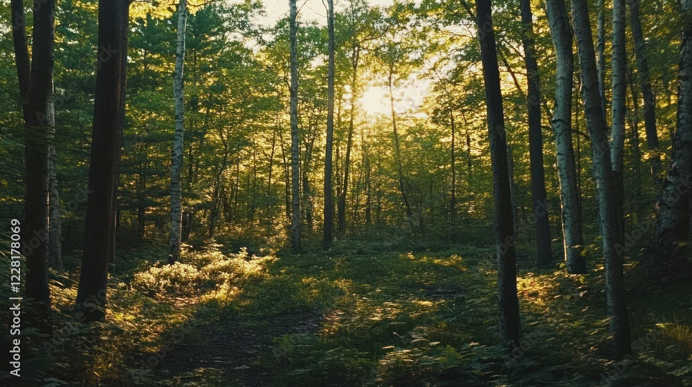 Obraz premium Sunlit Path Through A Lush Green Forest