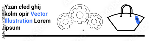 Gears symbolizing process coordination beside a shopping bag with a tag, highlighting retail, collaboration, e-commerce, logistics, marketing, innovation, and trade. Ideal for flat landing page