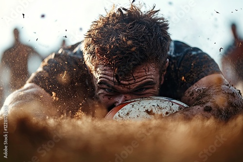 ultra-detailed close-up portrait of rugby player diving over try line ball gripped tightly face filled with uncontainable