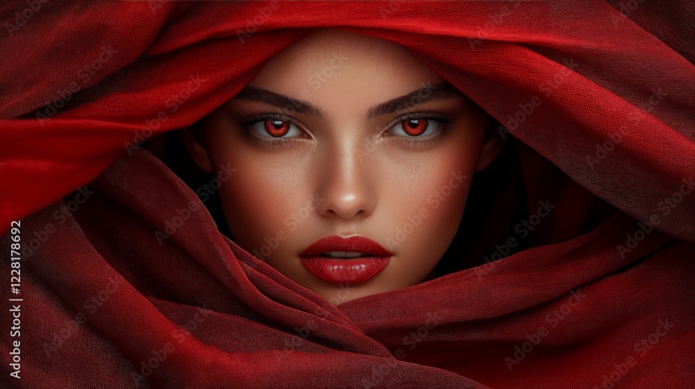 Mysterious Woman with Red Eyes and a Flowing Red Scarf in Dramatic Fantasy Portrait Photography Mysterious Woman with Red Eyes and a Flowing Red Scarf in Dramatic Fantasy Portrait Photography