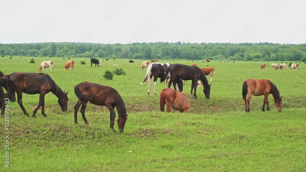 Modern animal livestock. Horses grazing in green field grassland farm countryside background. Horse in meadow chewing grass outdoor. Horse in natural eco farm. Herd of horses on green pasture Modern animal livestock. Horses grazing in green field grassland farm countryside background. Horse in meadow chewing grass outdoor. Horse in natural eco farm. Herd of horses on green pasture