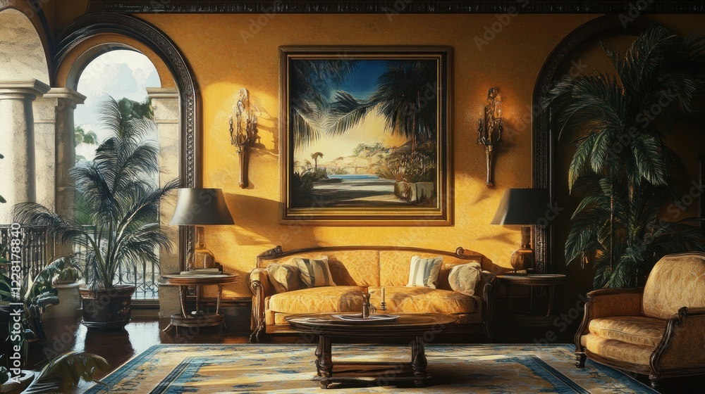 Fototapeta premium Sunlit Mediterranean Living Room With Palm Trees And Antique Furniture