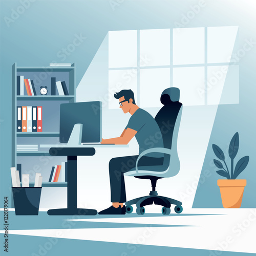 Vector illustration of a young man working on a computer in the office or at home. Modern interior with books, plant and large window. Remote work, freelancing, productivity and business concept