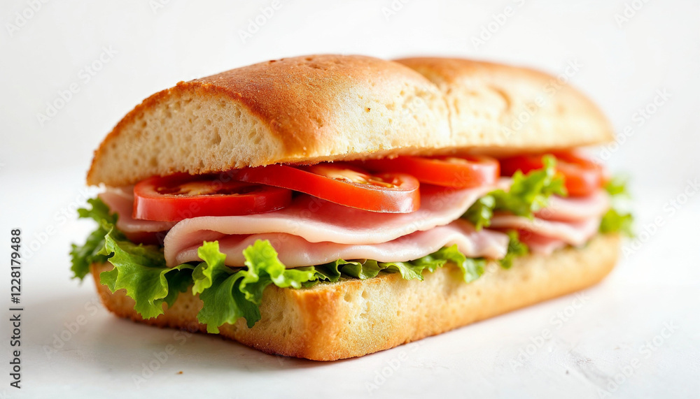 Freshly made sandwich with ham, lettuce, and tomato served in a bakery setting Freshly made sandwich with ham, lettuce, and tomato served in a bakery setting