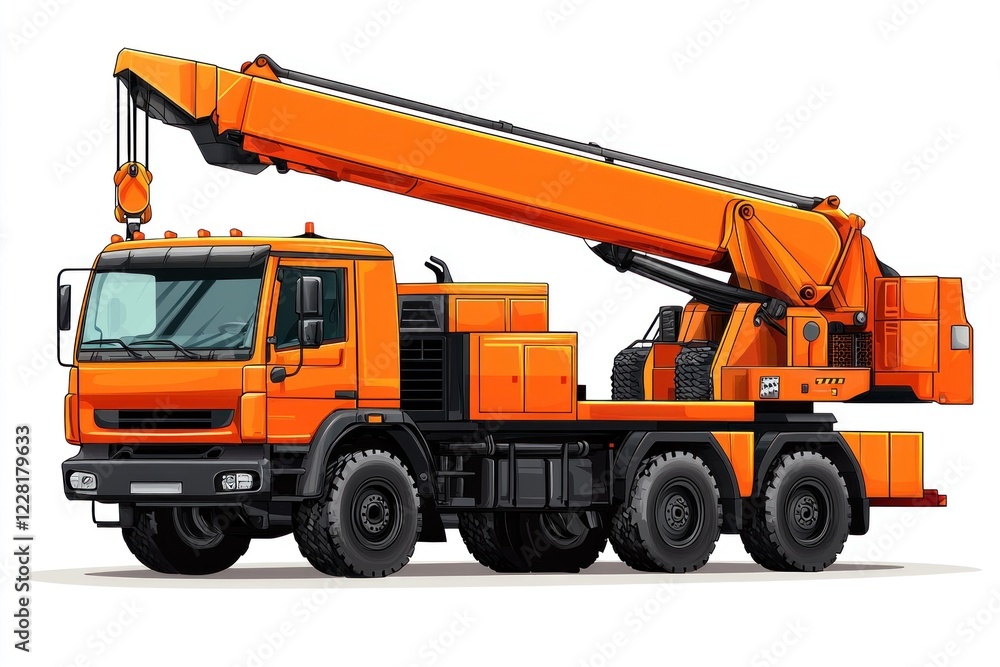 Naklejka premium Crane Truck Cartoon style isolated on white background. Heavy Machinery. Construction Vehicle. Mobile Crane. Truck with Crane Arm. Crane Truck Design Element. Realistic Crane Truck isolated for Design
