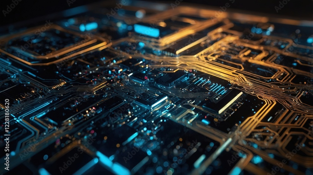 Diseño detallado de una placa base con iluminación azul y dorada, mostrando los intrincados caminos y conexiones que son fundamentales para el funcionamiento de la tecnología moderna Diseño detallado de una placa base con iluminación azul y dorada, mostrando los intrincados caminos y conexiones que son fundamentales para el funcionamiento de la tecnología moderna