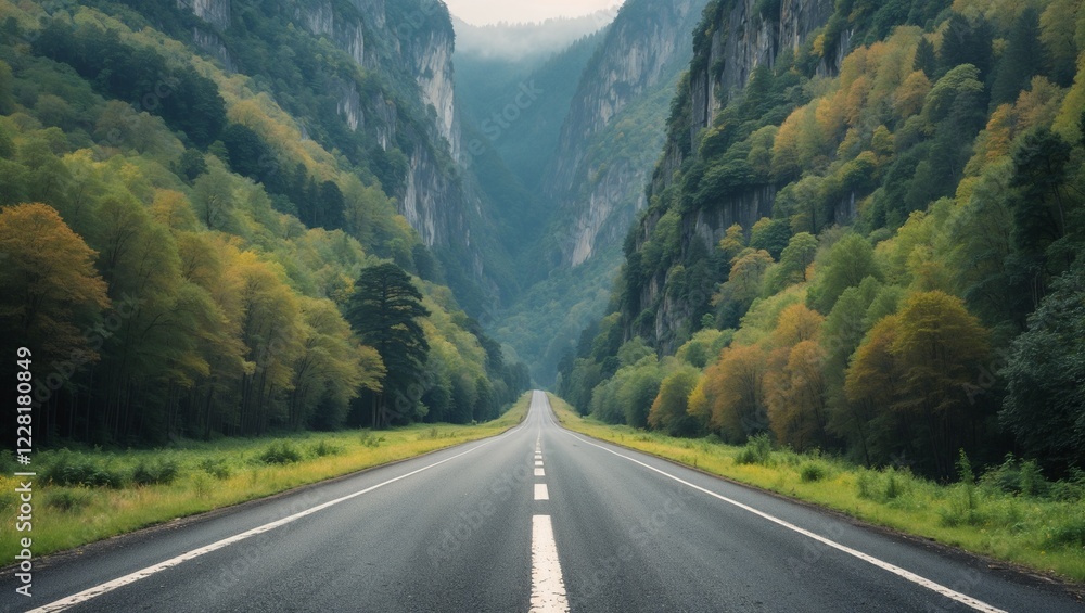 Fototapeta premium Long paved road, trees and greenery on the sides