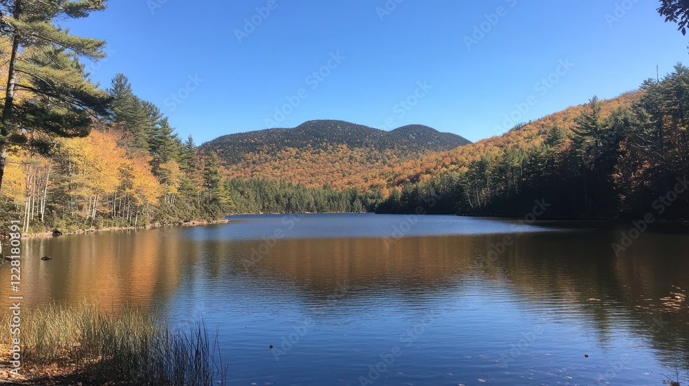 Autumnal lake reflects colorful mountain scenery Autumnal lake reflects colorful mountain scenery