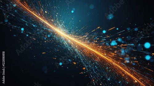 Fondo con haz de luz naranja y luces bokeh azules en fondo negro