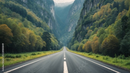 Long paved road, trees and greenery on the sides
