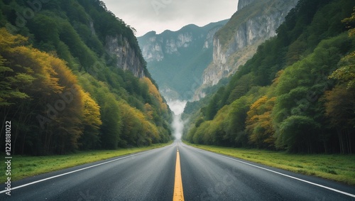 Long paved road, trees and greenery on the sides