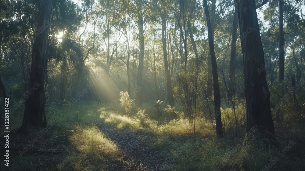 Obraz premium Sunbeams Illuminate Forest Path Morning Mist