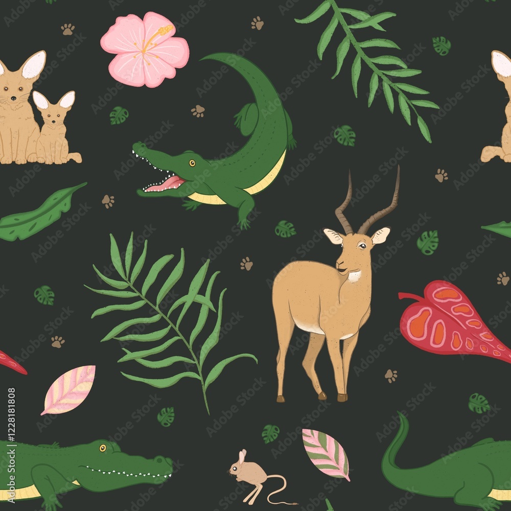 Seamless pattern with wild animals and tropic leaves on dark background Seamless pattern with wild animals and tropic leaves on dark background