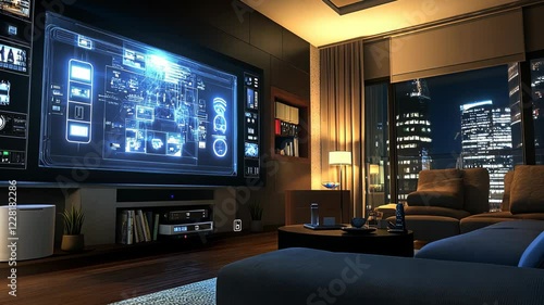 Wallpaper Mural Modern living room with a large screen displaying technology at night in a city Torontodigital.ca