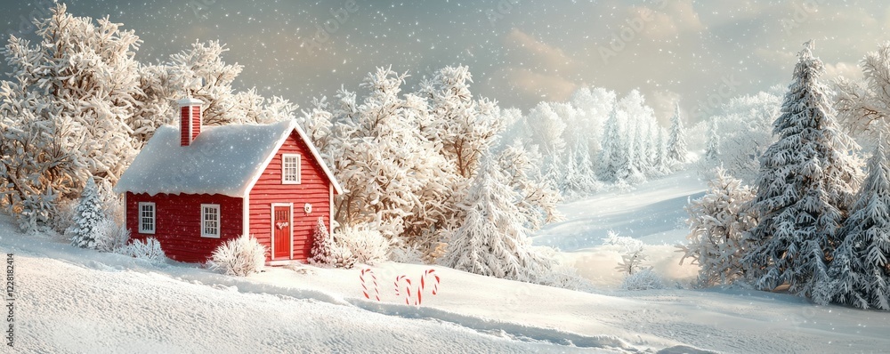 Charming red candy house amidst snowy landscape with white trees Charming red candy house amidst snowy landscape with white trees