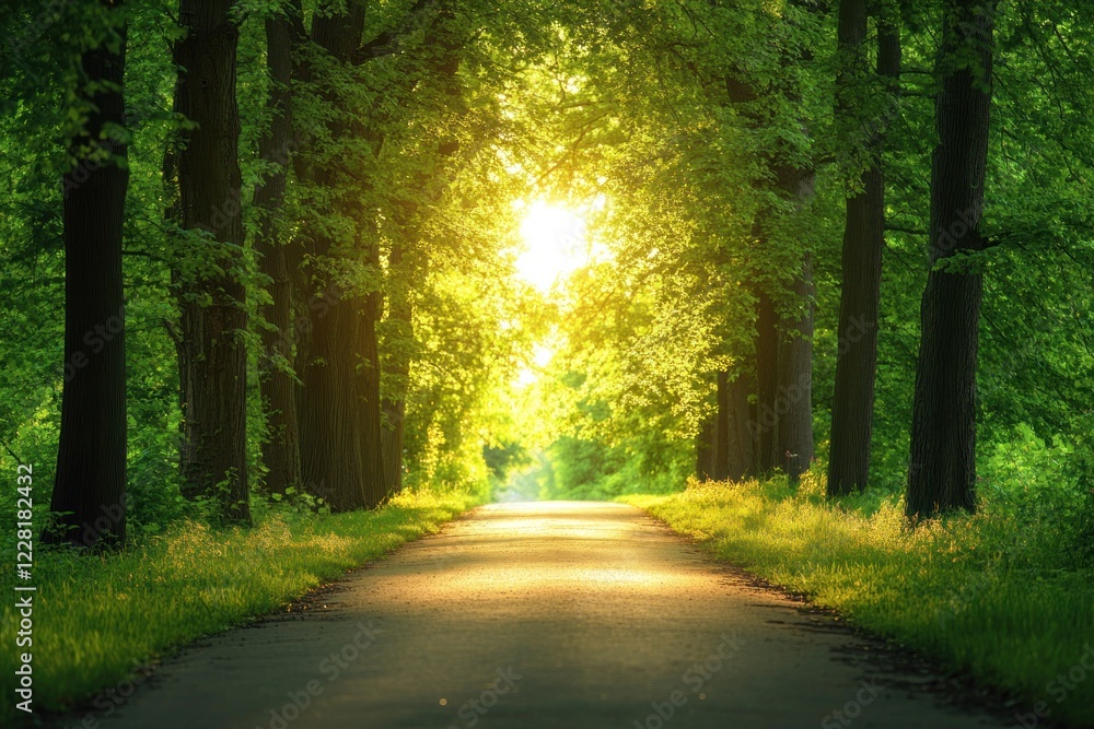 Sunlit Path Through a Lush Green Forest Sunlit Path Through a Lush Green Forest