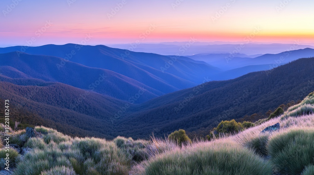 Serene Sunset Over Rolling Mountain Ranges Serene Sunset Over Rolling Mountain Ranges