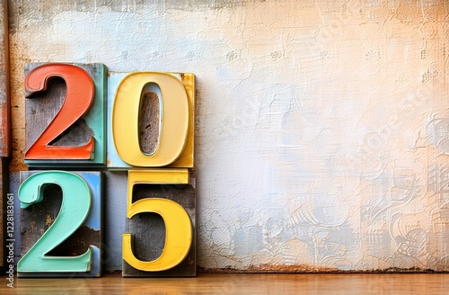 multi colored wooden digits 2025 on old vintage background. Business Target and Goals Trends 2025. Copy space photo