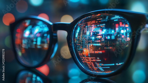 Glasses reflecting circuit board, symbolizing digital vision enhancement