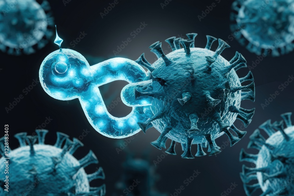 Microscopic view of a chain linking to a coronavirus, illustrating the concept of viral infection and spread. Microscopic view of a chain linking to a coronavirus, illustrating the concept of viral infection and spread.