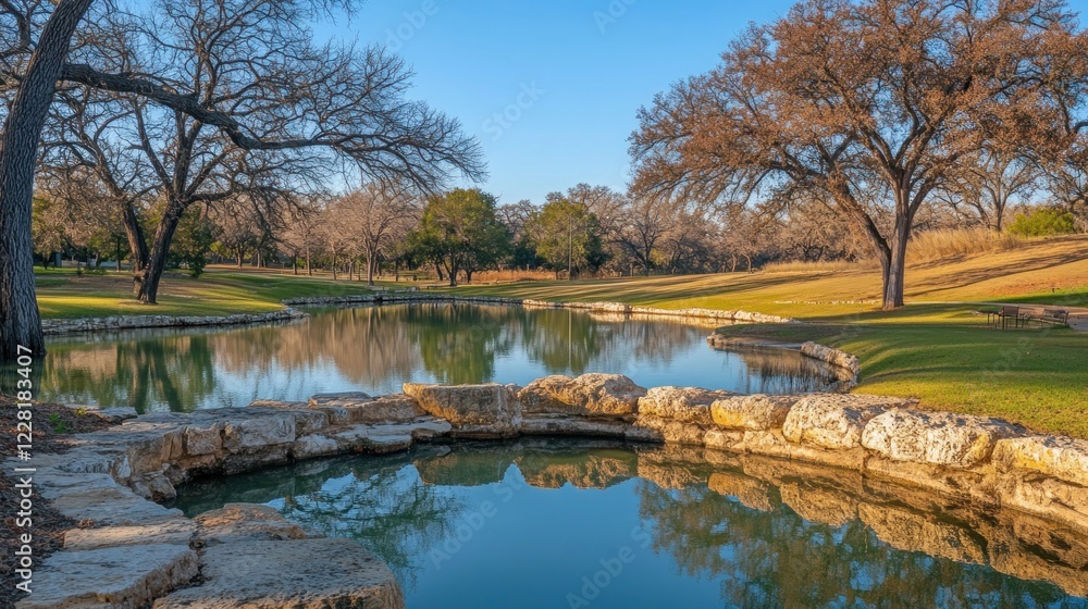 Serene Park Pond Reflecting Leafless Trees Serene Park Pond Reflecting Leafless Trees