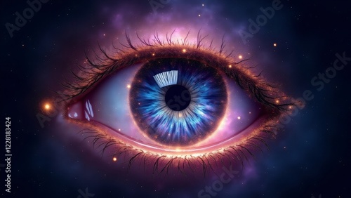 A mystical eye with an iris shaped like a swirling galaxy, glowing with vibrant cosmic colors and surrounded by a starry void.