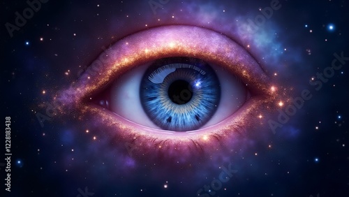 A mystical eye with an iris shaped like a swirling galaxy, glowing with vibrant cosmic colors and surrounded by a starry void. photo