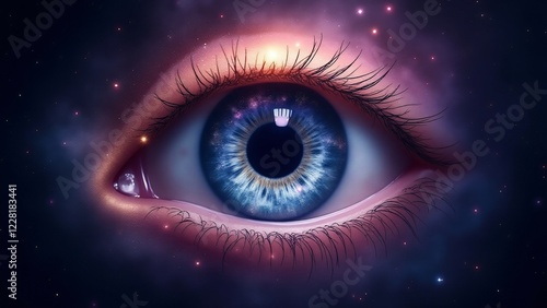 A mystical eye with an iris shaped like a swirling galaxy, glowing with vibrant cosmic colors and surrounded by a starry void. photo