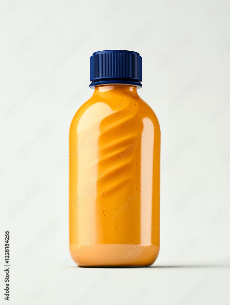 Bright orange beverage bottle with a unique design placed against a neutral background Bright orange beverage bottle with a unique design placed against a neutral background