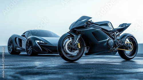 Futuristic black sports car and motorcycle on a modern paved track