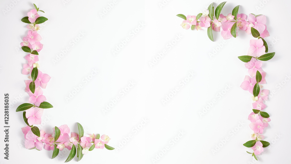 A delicate floral pattern of pink hydrangea blossoms and verdant green leaves against on a white backdrop. A delicate floral pattern of pink hydrangea blossoms and verdant green leaves against on a white backdrop.