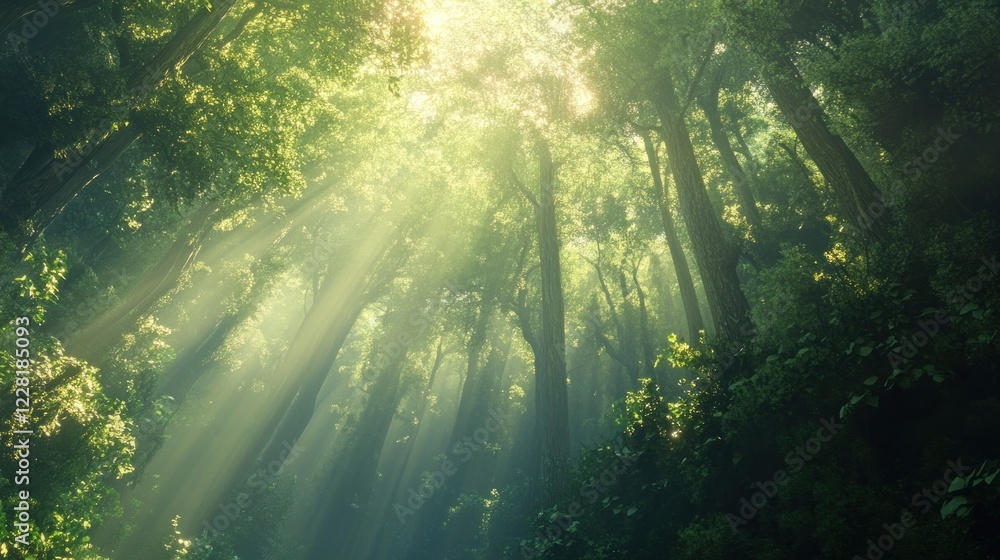 Obraz premium Sunbeams Illuminate A Misty Forest Canopy