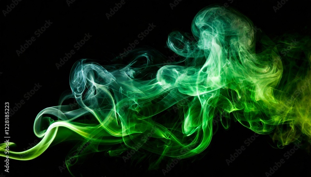 Obraz premium Vibrant green smoke swirling against a dark background, creating a mysterious and dynamic abstract effect. Ideal for backgrounds, digital art, and creative designs.