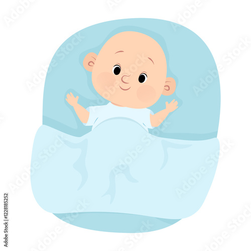 Little newborn baby lying in bed covered with blanket