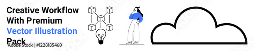 Individual in blue outfit contemplating ideas, blockchain system, lightbulb symbolizing creativity, and minimal black cloud. Ideal for innovation, technology, brainstorming, cloud solutions