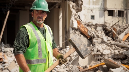 A demolition worker in a green hard hat and reflective vest, holding a sledgehammer and looking determinedly at the camera, with a backdrop of rubble and a partially demolished building photo