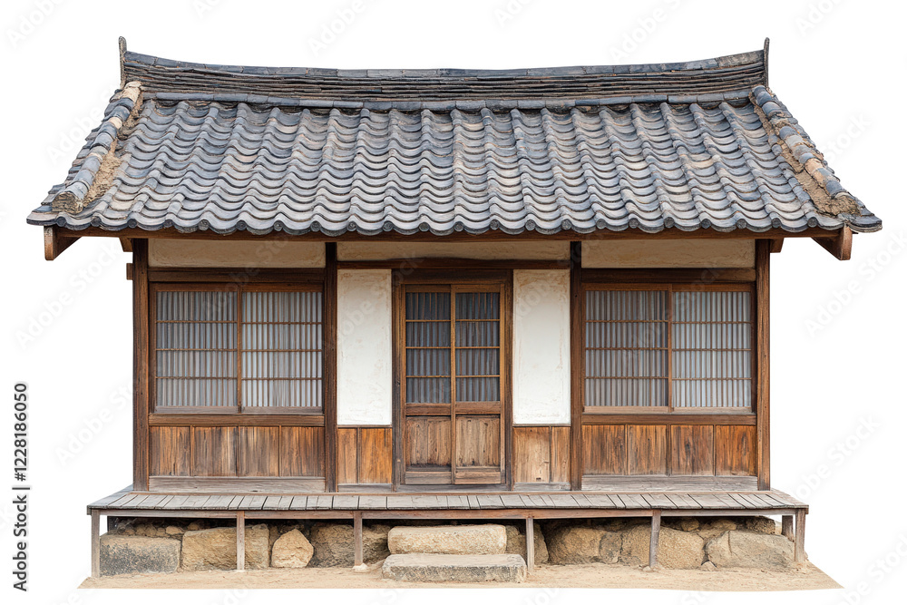 Isolated Classic Japanese House with Stone Foundation and Sliding Doors Isolated Classic Japanese House with Stone Foundation and Sliding Doors