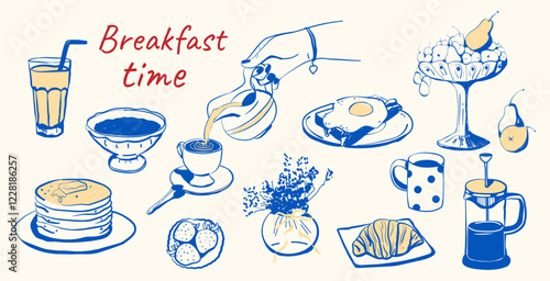 A set of food and beverage, hand-drawn with ink or a brush. Breakfast: coffee, tea, pancakes, scrambled eggs, fruit, croissant. Contour elements of menu design, poster, branding. Vector illustration.
