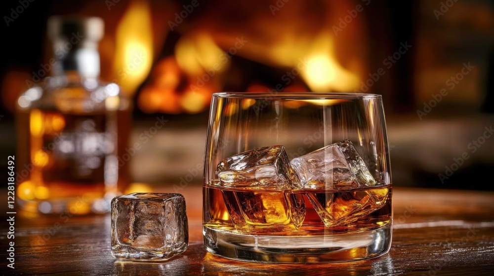 Whiskey glass close-up with ice and fire in background Whiskey glass close-up with ice and fire in background