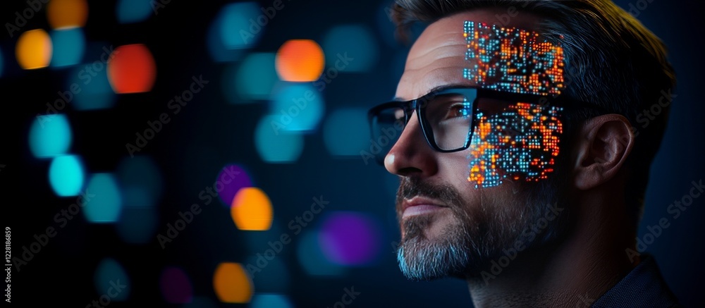 Businessman wearing glasses with digital pixels reflecting on his face visualizing futuristic technology Businessman wearing glasses with digital pixels reflecting on his face visualizing futuristic technology