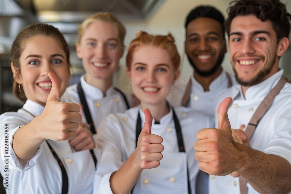 diverse team of restaurant staff giving thumbs up gestures against a white background. diverse team of restaurant staff giving thumbs up gestures against a white background.