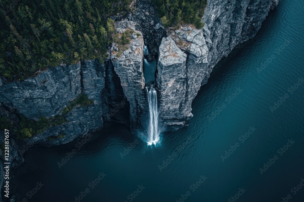Fototapeta premium aerial orthographic view of rugged canadian cliffside with thin winding waterfalls carving delicate paths down rock