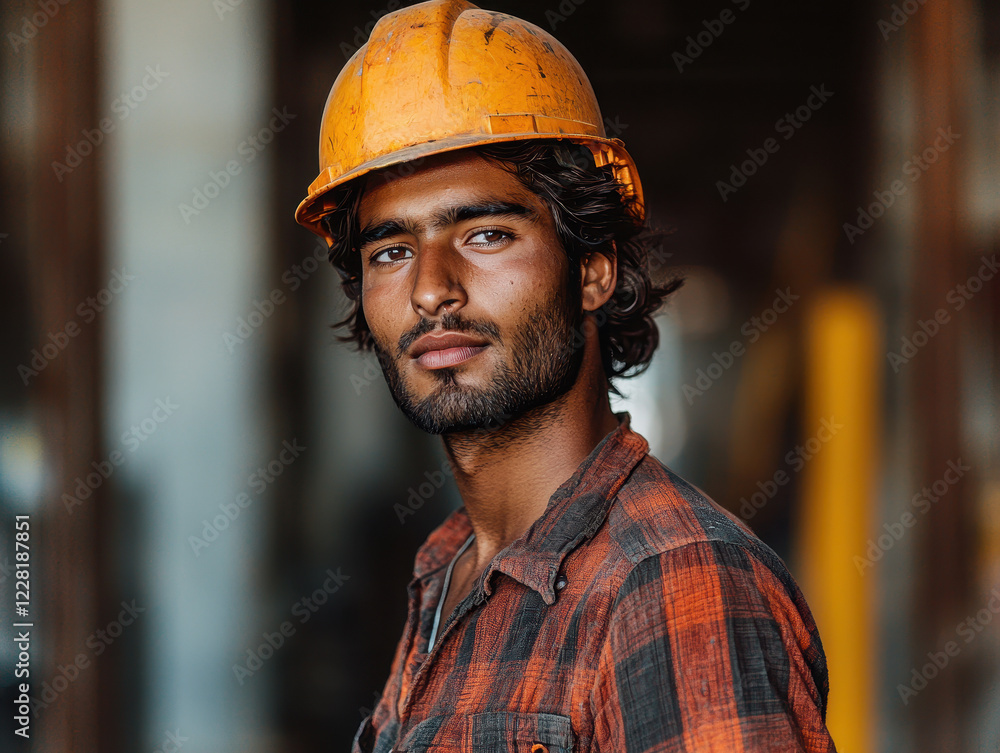 Migrant worker focused on construction site in new country under strong sunlight wearing hard hat and plaid shirt Migrant worker focused on construction site in new country under strong sunlight wearing hard hat and plaid shirt