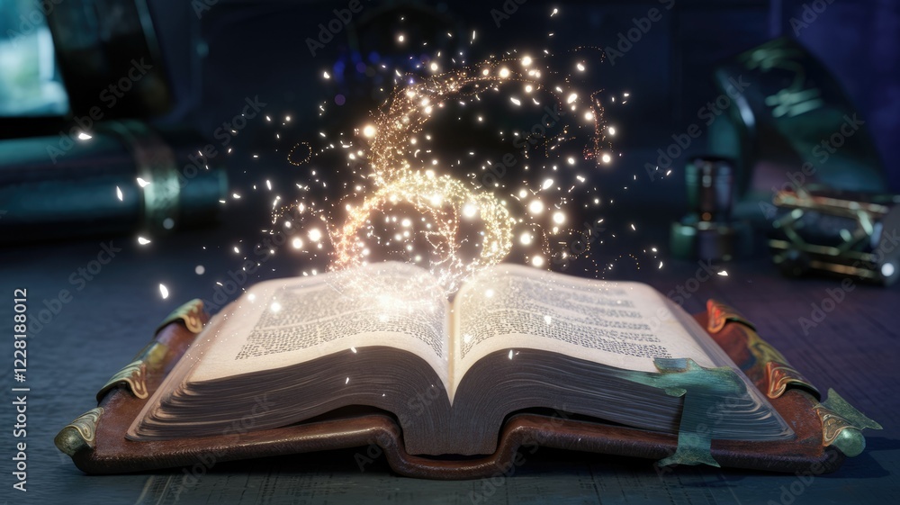 Obraz premium An open antique book glows with magical golden sparks, enchanting and mystical.